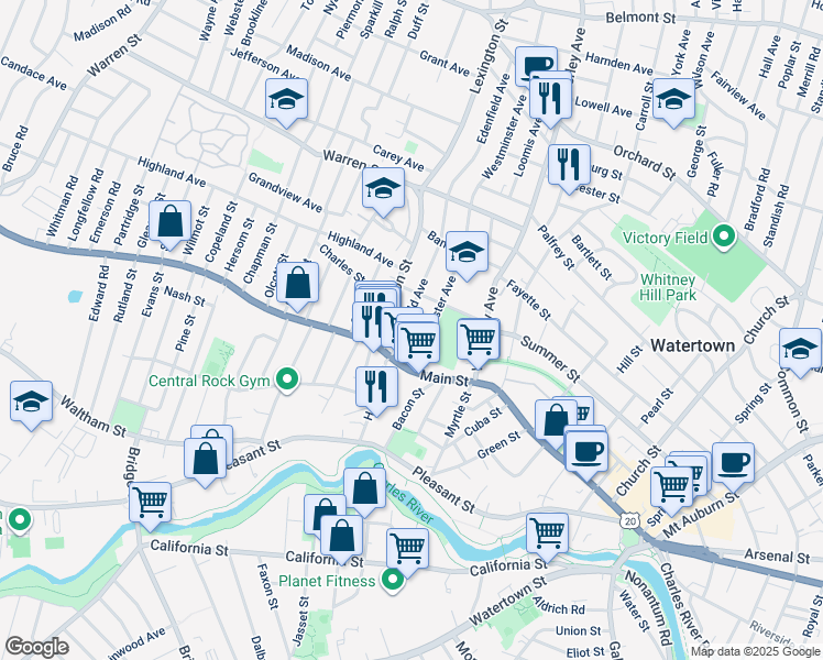 map of restaurants, bars, coffee shops, grocery stores, and more near 75 Lexington Street in Watertown