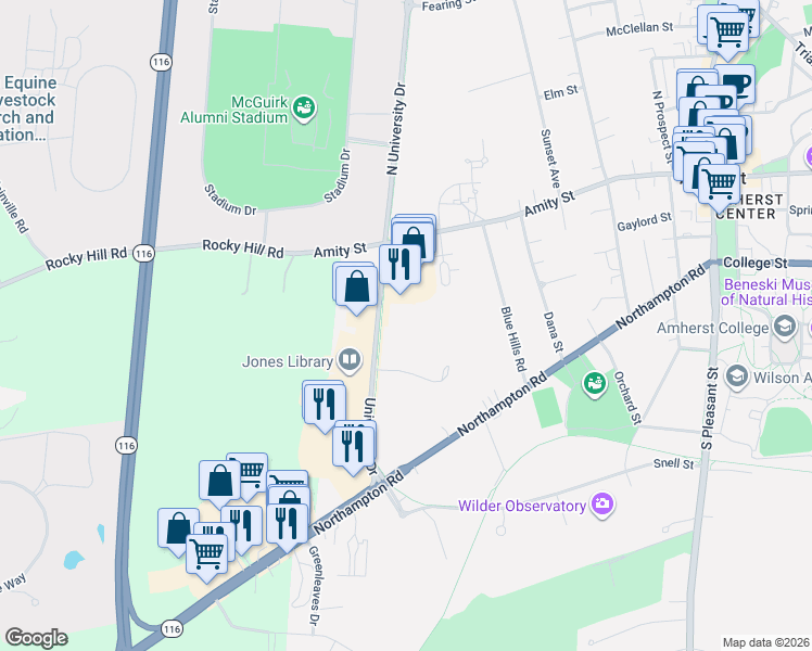 map of restaurants, bars, coffee shops, grocery stores, and more near University Drive in Amherst