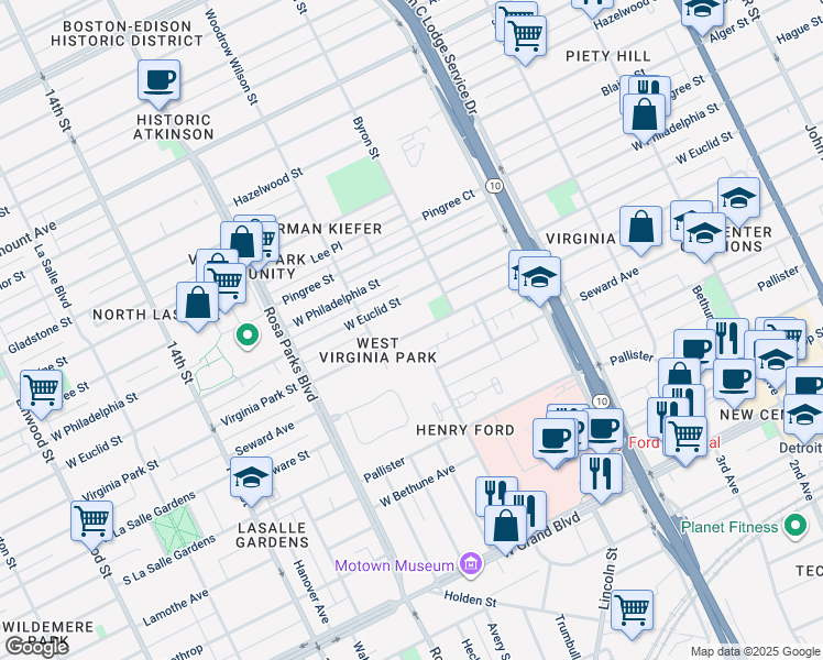 map of restaurants, bars, coffee shops, grocery stores, and more near 1481 West Euclid Street in Detroit
