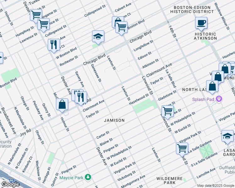 map of restaurants, bars, coffee shops, grocery stores, and more near 2937 Joy Road in Detroit