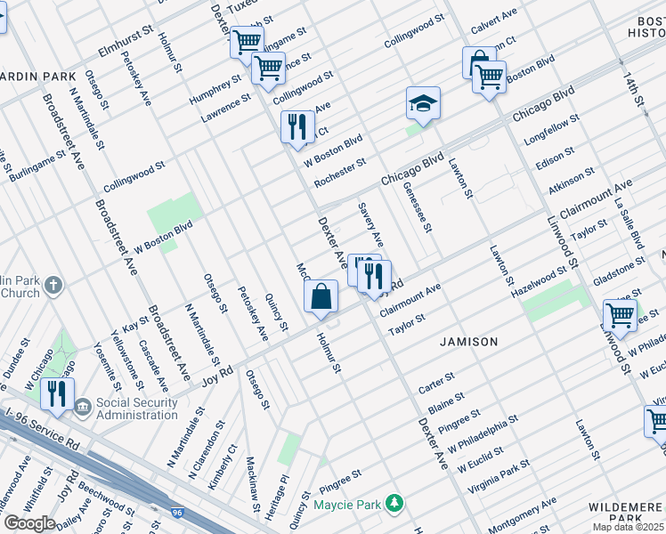 map of restaurants, bars, coffee shops, grocery stores, and more near 3726 Edison Street in Detroit