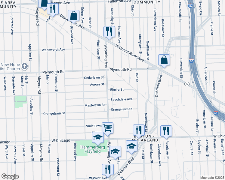 map of restaurants, bars, coffee shops, grocery stores, and more near 8831 Aurora Street in Detroit