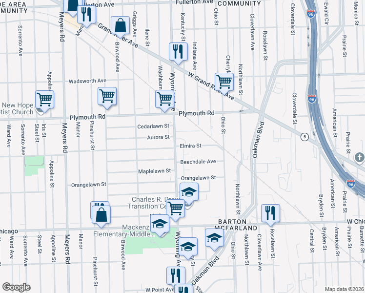 map of restaurants, bars, coffee shops, grocery stores, and more near 11333 Wyoming Avenue in Detroit