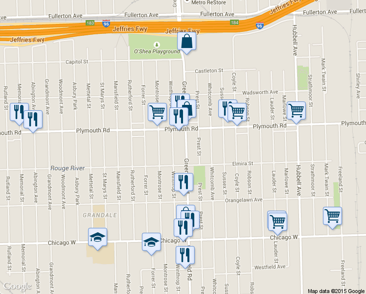 map of restaurants, bars, coffee shops, grocery stores, and more near in Detroit
