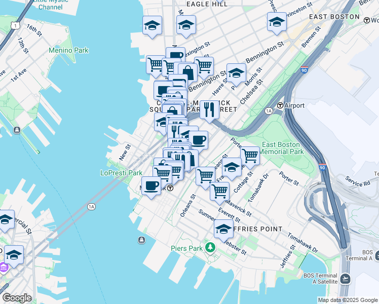map of restaurants, bars, coffee shops, grocery stores, and more near 37 Gove Street in Boston