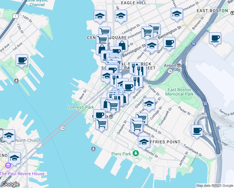 map of restaurants, bars, coffee shops, grocery stores, and more near 69 Paris Street in Boston