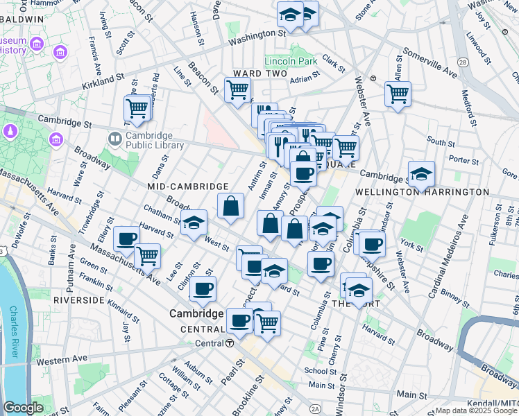 map of restaurants, bars, coffee shops, grocery stores, and more near 90 Inman Street in Cambridge