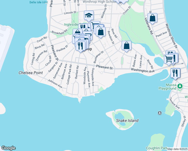 map of restaurants, bars, coffee shops, grocery stores, and more near 24 Sunnyside Avenue in Winthrop