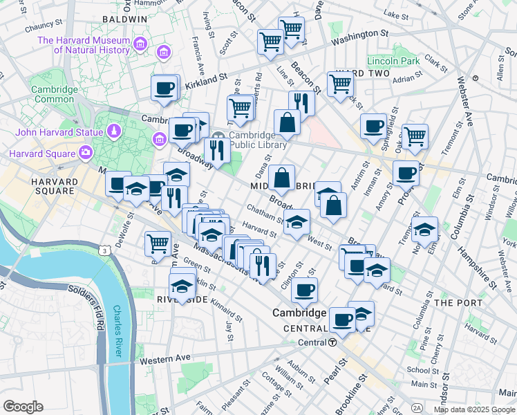 map of restaurants, bars, coffee shops, grocery stores, and more near 399 Broadway in Cambridge