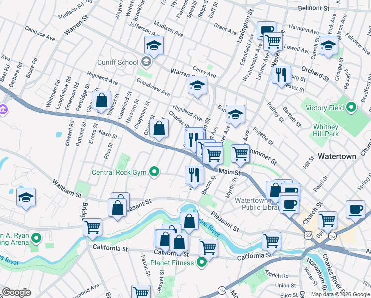 map of restaurants, bars, coffee shops, grocery stores, and more near 20 Olney Street in Watertown