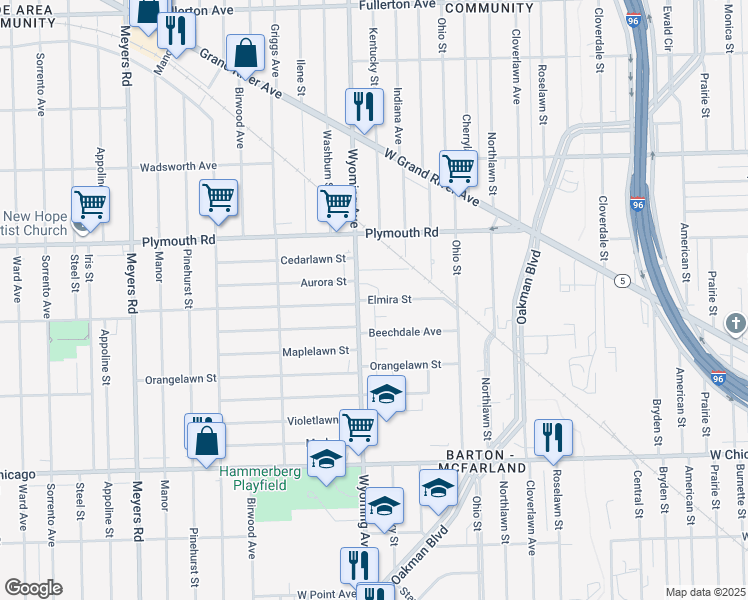 map of restaurants, bars, coffee shops, grocery stores, and more near 8831 Aurora Street in Detroit