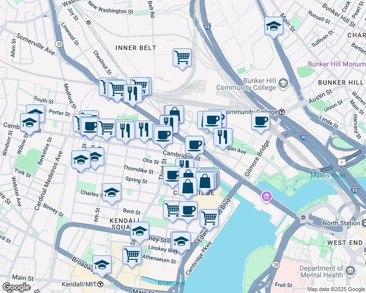 map of restaurants, bars, coffee shops, grocery stores, and more near 2 Second Street in Cambridge