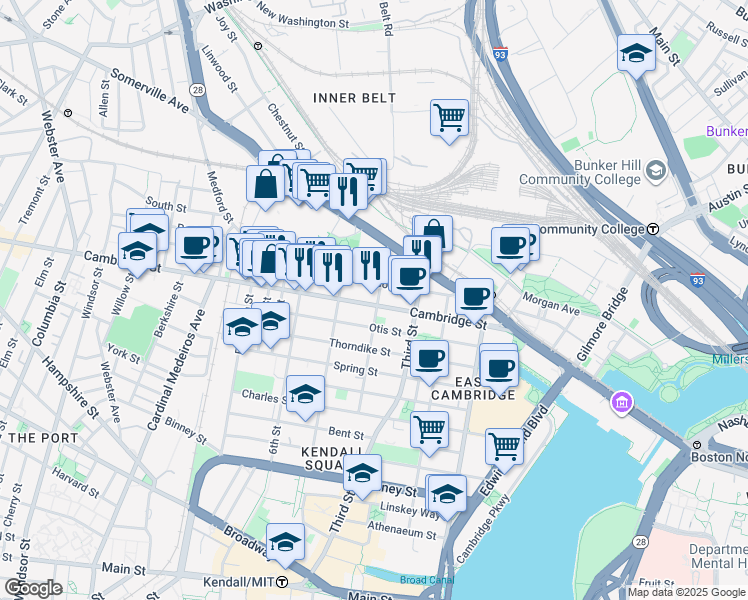 map of restaurants, bars, coffee shops, grocery stores, and more near 91 Gore Street in Cambridge