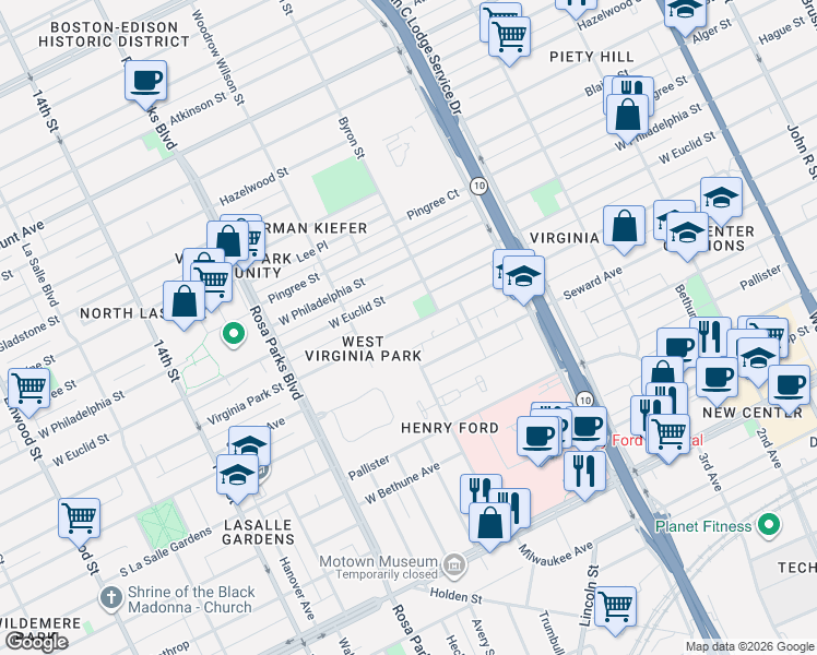 map of restaurants, bars, coffee shops, grocery stores, and more near 1481 West Euclid Street in Detroit
