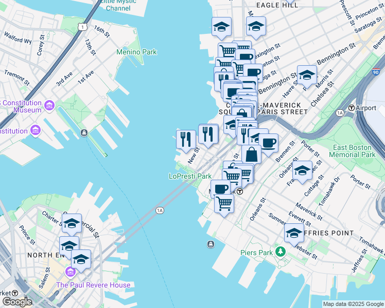 map of restaurants, bars, coffee shops, grocery stores, and more near 60 Border Street in Boston