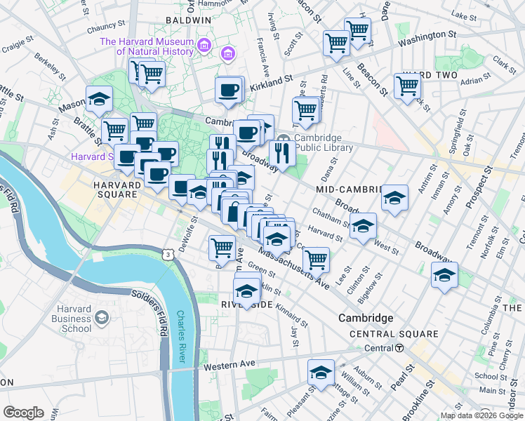 map of restaurants, bars, coffee shops, grocery stores, and more near Harvard St & Trowbridge St in Mid-Cambridge