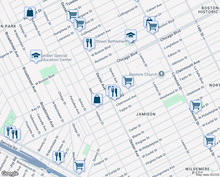 map of restaurants, bars, coffee shops, grocery stores, and more near 3464 Wager Avenue in Detroit