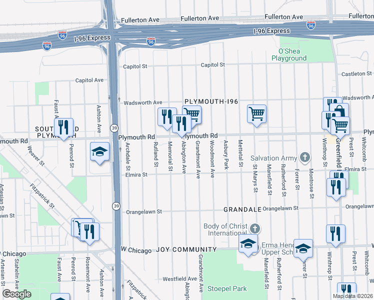 map of restaurants, bars, coffee shops, grocery stores, and more near 16801 Plymouth Road in Detroit
