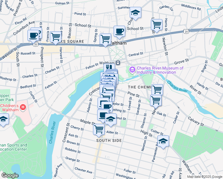 map of restaurants, bars, coffee shops, grocery stores, and more near in Waltham