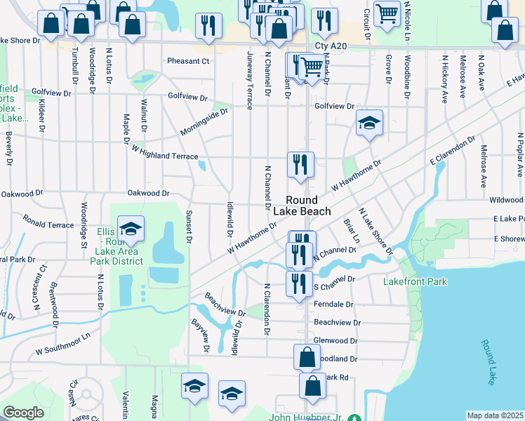 map of restaurants, bars, coffee shops, grocery stores, and more near 1307 North Channel Drive in Round Lake Beach