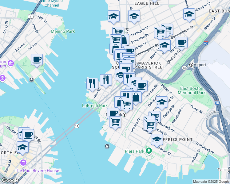 map of restaurants, bars, coffee shops, grocery stores, and more near 56 London Street in Boston