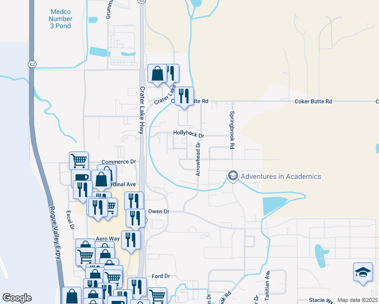 map of restaurants, bars, coffee shops, grocery stores, and more near 3877 Arrowhead Drive in Medford