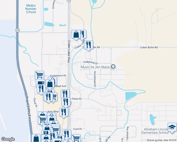 map of restaurants, bars, coffee shops, grocery stores, and more near 3860 Dover Ridge Drive in Medford