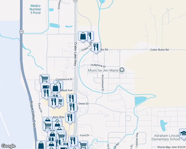 map of restaurants, bars, coffee shops, grocery stores, and more near 3860 Dover Ridge in Medford