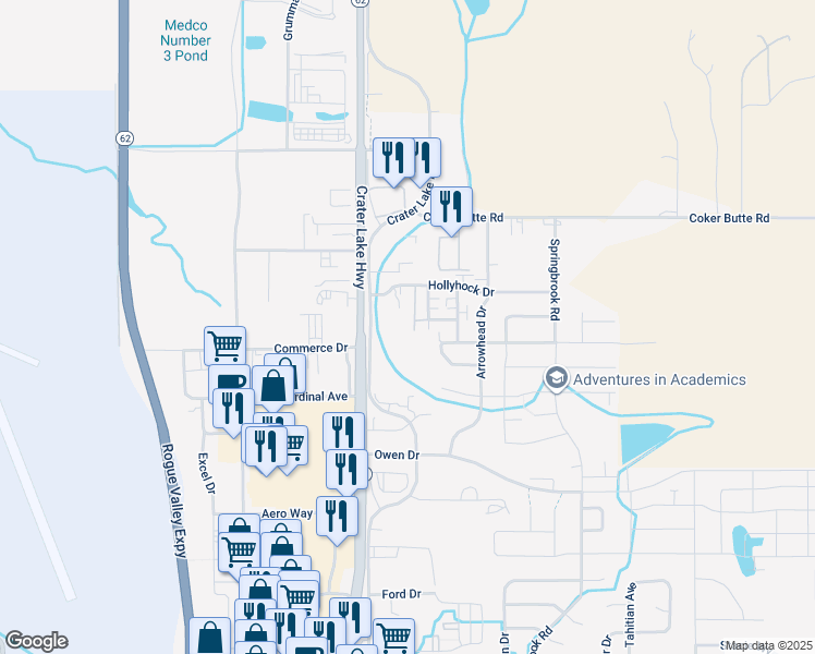 map of restaurants, bars, coffee shops, grocery stores, and more near 3842 Crater Lake Avenue in Medford