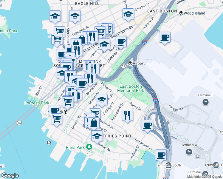map of restaurants, bars, coffee shops, grocery stores, and more near 156 Porter Street in Boston