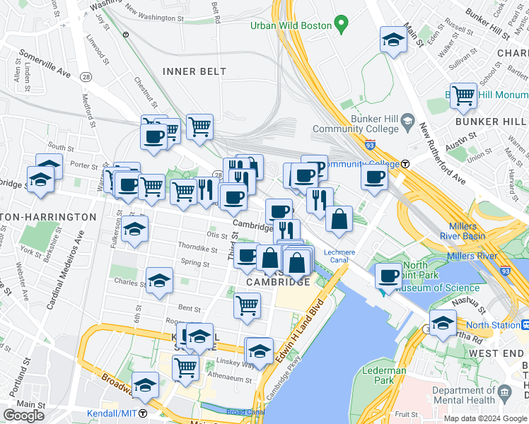 map of restaurants, bars, coffee shops, grocery stores, and more near 169 Monsignor O'Brien Highway in Cambridge