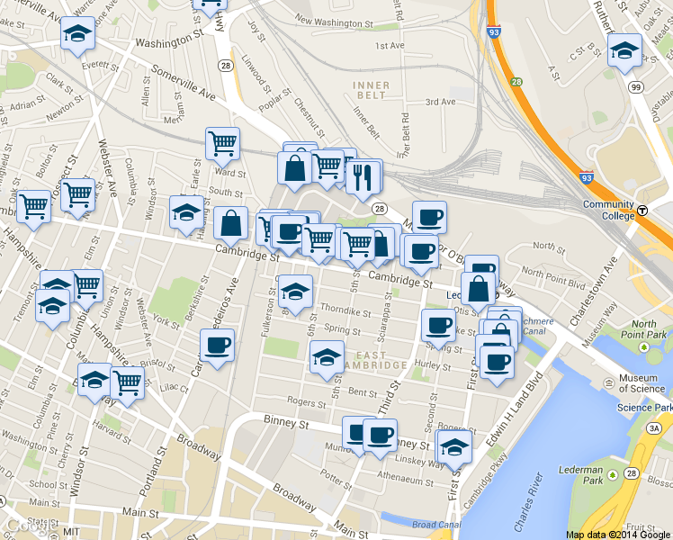 map of restaurants, bars, coffee shops, grocery stores, and more near in Cambridge