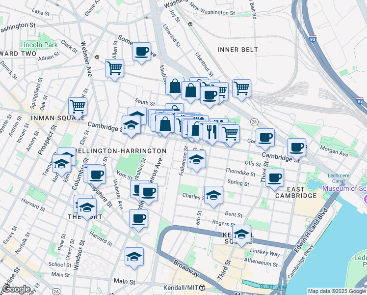 map of restaurants, bars, coffee shops, grocery stores, and more near 621 Cambridge Street in Cambridge