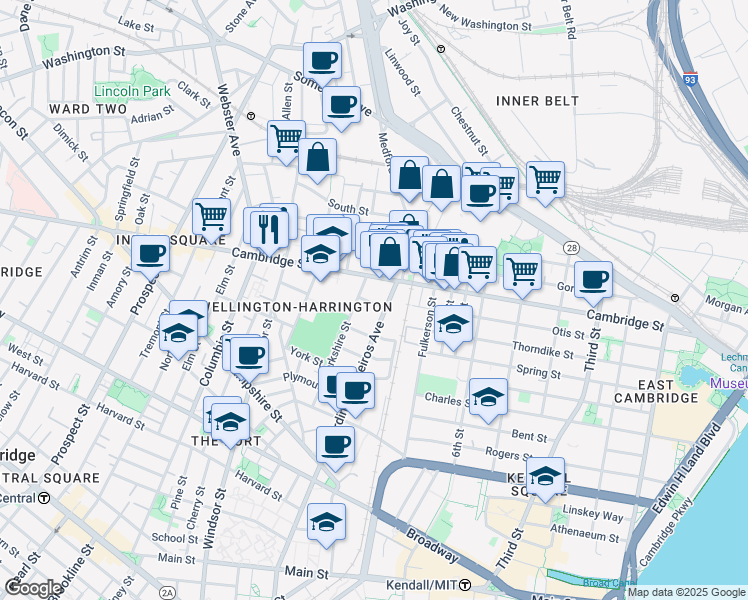 map of restaurants, bars, coffee shops, grocery stores, and more near 746 Cambridge Street in Cambridge