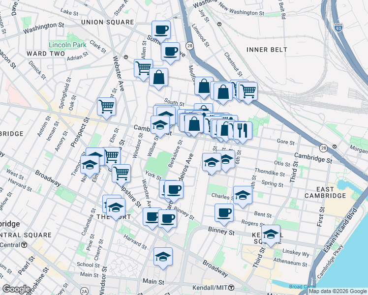 map of restaurants, bars, coffee shops, grocery stores, and more near 746 Cambridge Street in Cambridge