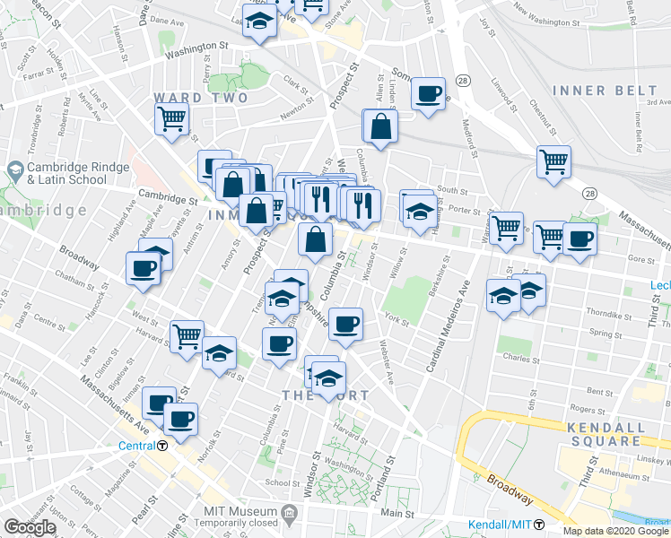 map of restaurants, bars, coffee shops, grocery stores, and more near 361 Columbia Street in Cambridge