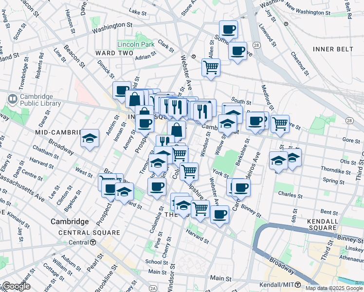 map of restaurants, bars, coffee shops, grocery stores, and more near 361 Columbia Street in Cambridge