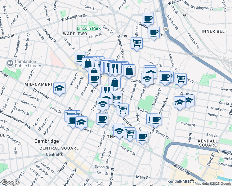 map of restaurants, bars, coffee shops, grocery stores, and more near 361 Columbia Street in Cambridge