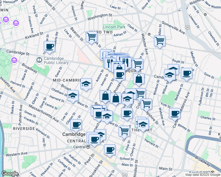 map of restaurants, bars, coffee shops, grocery stores, and more near 124 Amory Street in Cambridge