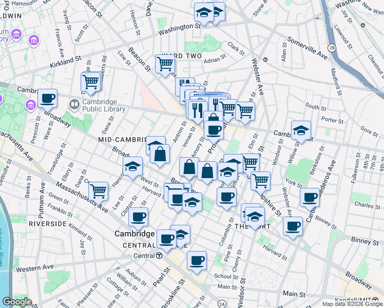map of restaurants, bars, coffee shops, grocery stores, and more near 104 Inman Street in Cambridge