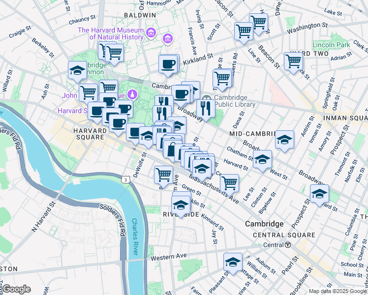 map of restaurants, bars, coffee shops, grocery stores, and more near 4 Trowbridge Place in Cambridge