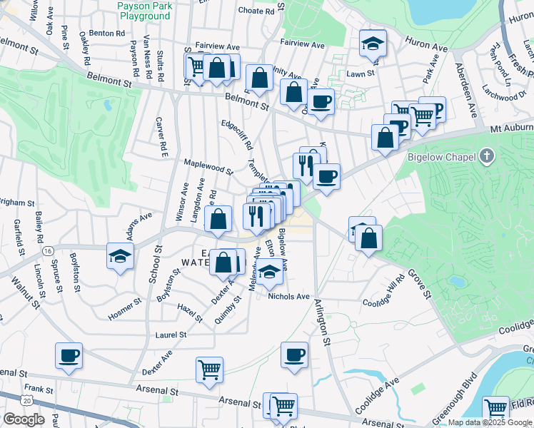 map of restaurants, bars, coffee shops, grocery stores, and more near 22 Kimball Road in Watertown