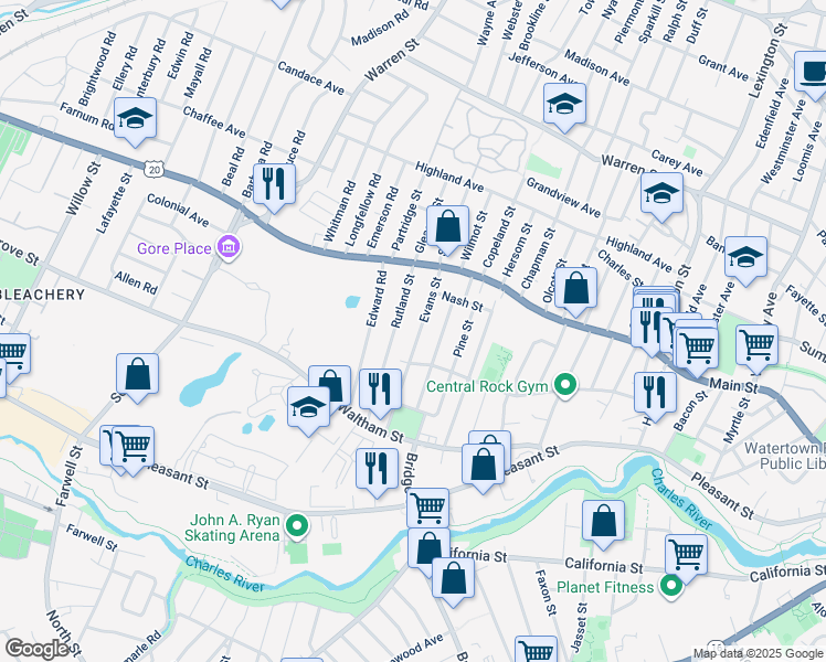 map of restaurants, bars, coffee shops, grocery stores, and more near 38 Rutland Street in Watertown