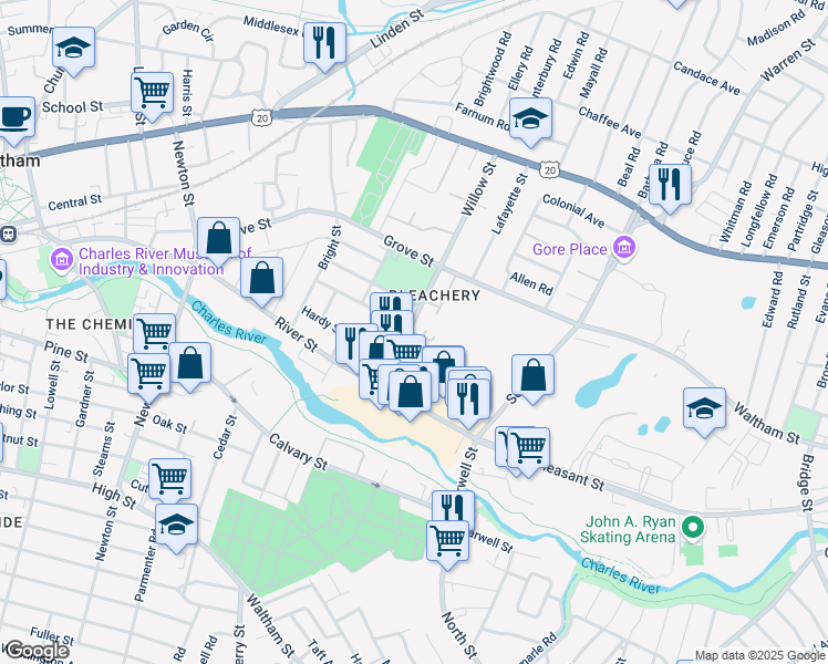 map of restaurants, bars, coffee shops, grocery stores, and more near 151 Willow Street in Waltham