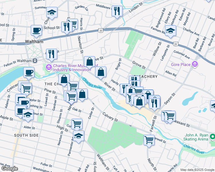 map of restaurants, bars, coffee shops, grocery stores, and more near 163 Bright Street in Waltham