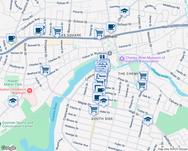 map of restaurants, bars, coffee shops, grocery stores, and more near in Waltham
