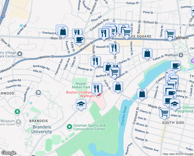 map of restaurants, bars, coffee shops, grocery stores, and more near 108 South Street in Waltham