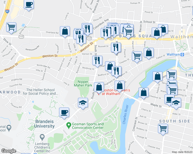 map of restaurants, bars, coffee shops, grocery stores, and more near 108 South Street in Waltham