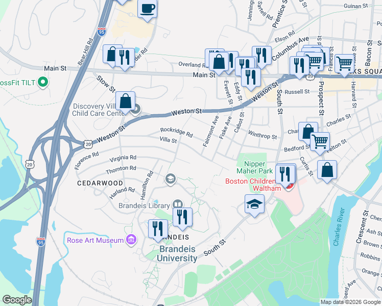 map of restaurants, bars, coffee shops, grocery stores, and more near 122 Villa Street in Waltham