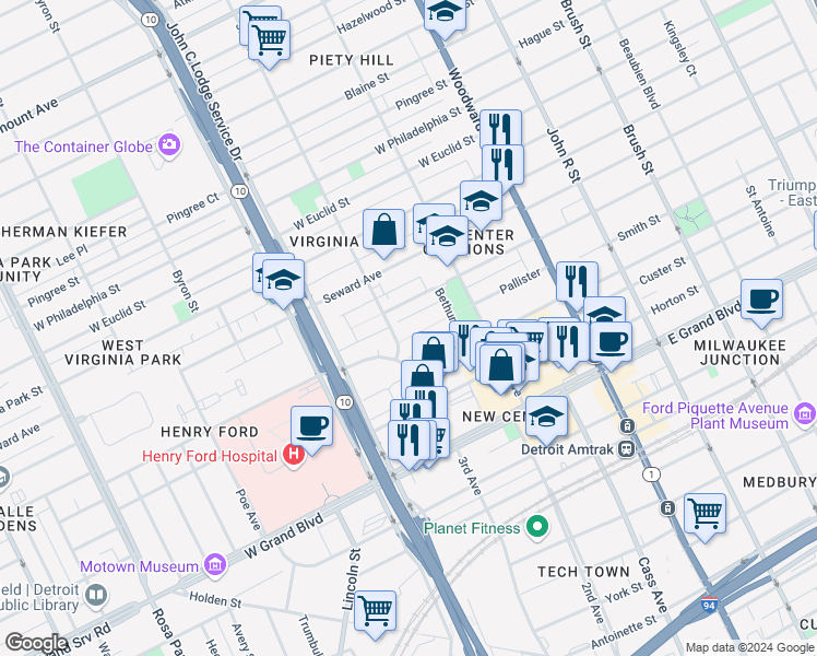 map of restaurants, bars, coffee shops, grocery stores, and more near 707 Delaware Street in Detroit